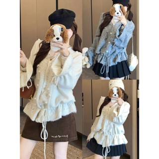 [HÀNG QCCC] Áo Cadigan Dệt Kim Cổ V Phối Ren Tua Rua Tay Loe Dây rút eo 2 màu Trắng Kem,Xám-Dành Cho Nữ