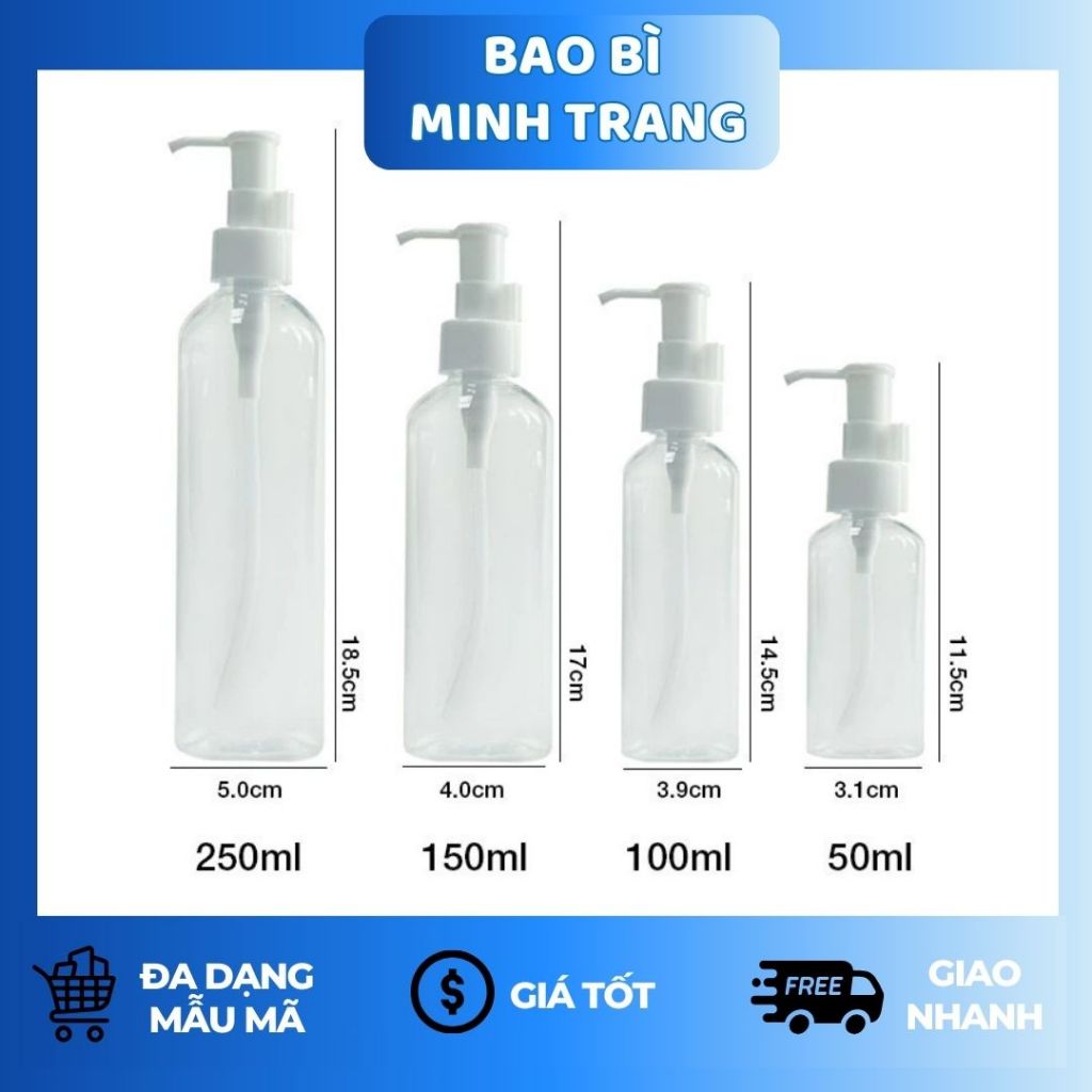 Chai Nhựa PET Vòi Nhấn 50–250ml | Chai Chiết Mỹ Phẩm, Gel Rửa Tay, Dung Dịch Lỏng