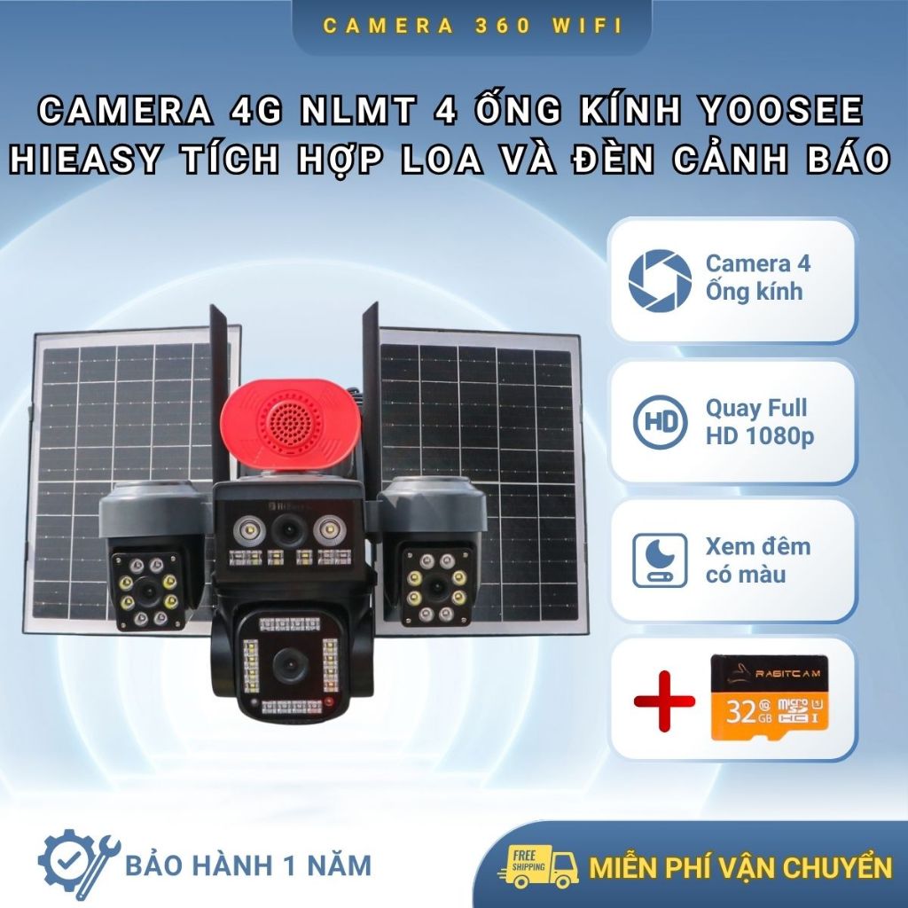 Camera Năng lượng mặt trời 4 MẮT Hieasy, dùng SIM 4G, Tích hợp loa và đèn cảnh báo an ninh, Bảo hành