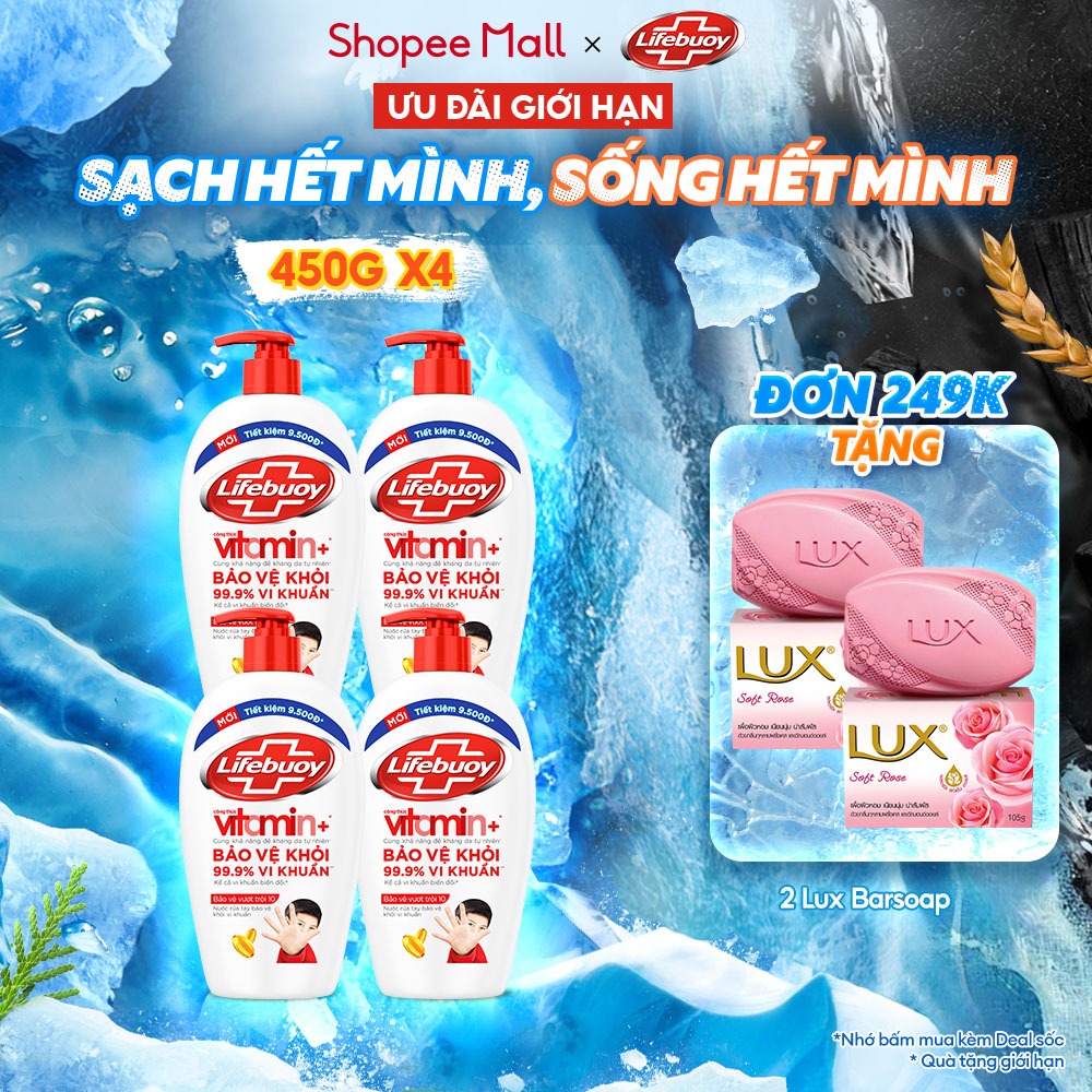 Combo 4 chai Nước rửa tay Lifebuoy bảo vệ khỏi 99,9% vi khuẩn 450g/chai