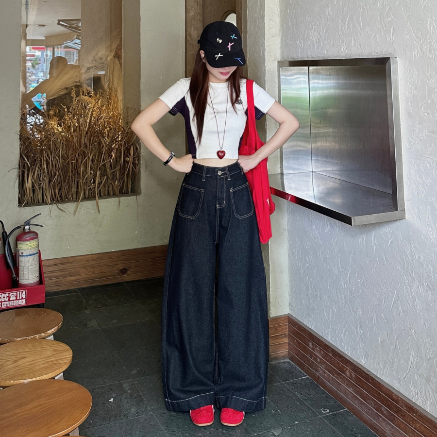 Quần jean dài chỉ viền vàng form rộng nữ HAEN 3087 - Jemcloset