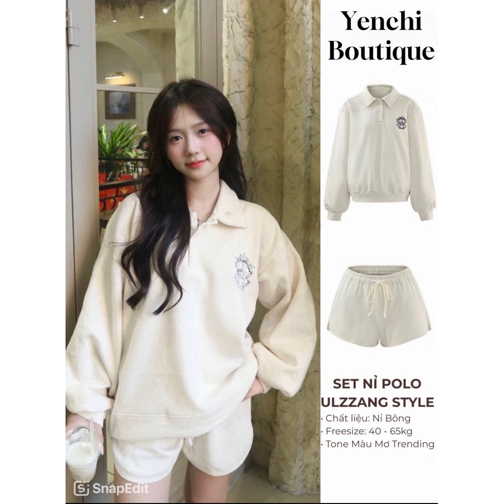  Set Raplan Thêu Hình Cổ Bẻ Dài Tay Bồng Màu Be Nữ . Bộ đồ thụng quần short áo form rộng Ulzzang 