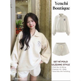 Set Raplan Thêu Hình Cổ Bẻ Dài Tay Bồng Màu Be Nữ . Bộ đồ thụng quần short áo form rộng Ulzzang