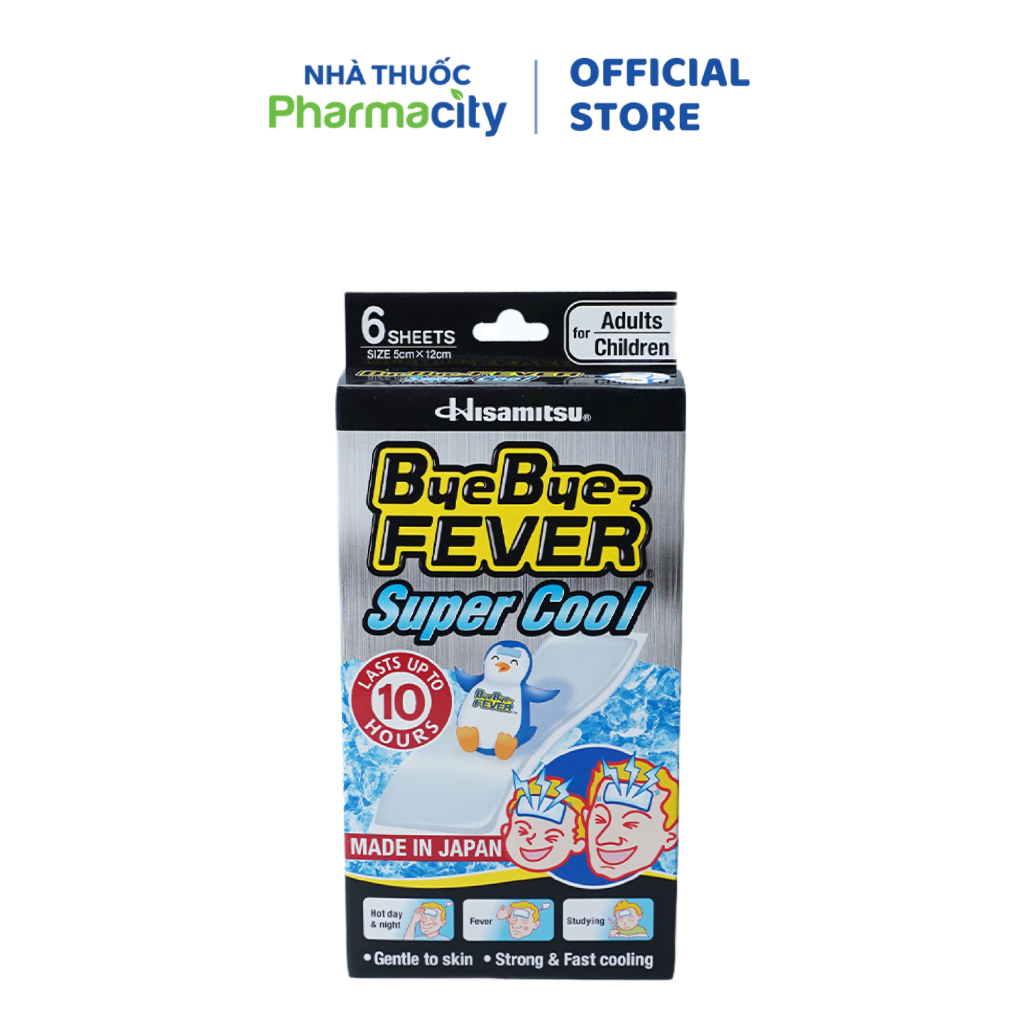 Miếng dán hạ sốt BYE BYE - FEVER Super Cool giúp làm mát lạnh nhanh, kéo dài 10 giờ (6 miếng)