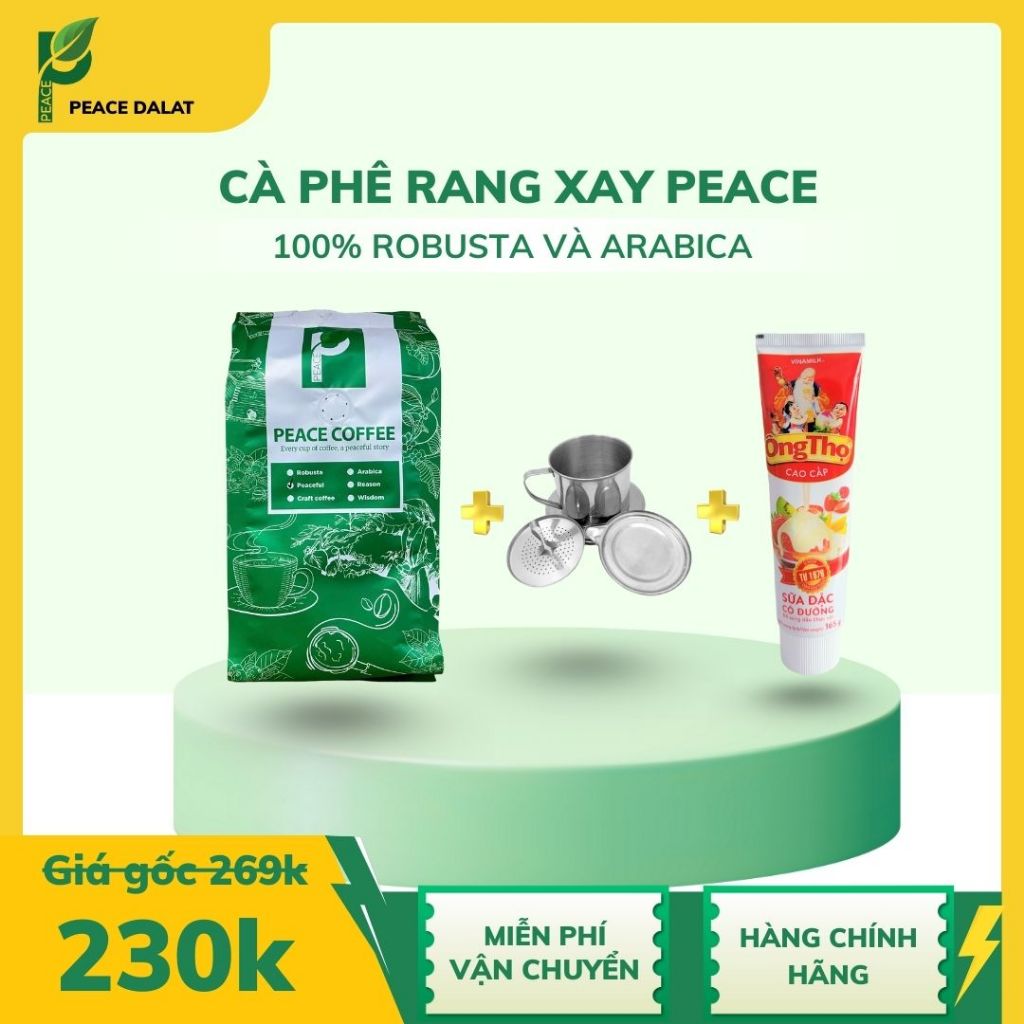 Peace Dalat - Cà phê rang xay Peace 500gr 100% Robusta & Arabica tặng phin và sữa đặc
