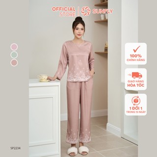  Đồ bộ mặc nhà nữ lụa satin jacquard áo tay lỡ quần dài bộ trung niên cho mẹ thoải mái SUNFLY SP2234 
