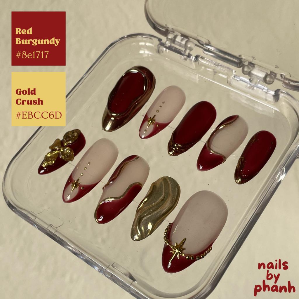 VALERIA Nailbox đỏ đô tráng gương vàng elegant red burgundy gold chrome