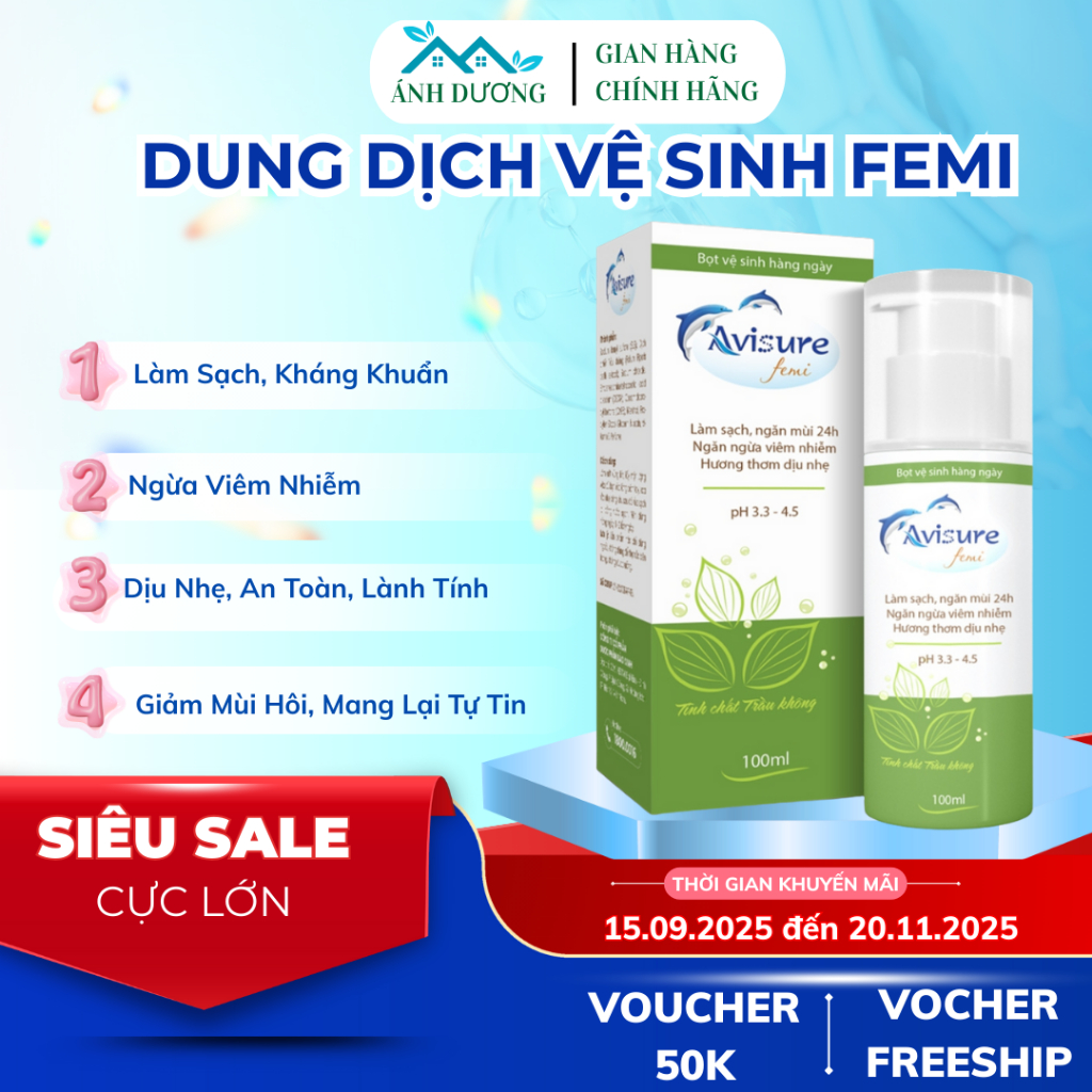 Dung dịch vệ sinh phụ nữ dạng bọt Avisure Femi Chiết Xuất Trầu Không Dịu Nhẹ, An Toàn Cho Phụ Nữ