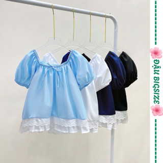  Áo kiểu bigsize nữ cổ vuông tay ngắn bo chun dáng babydoll form rộng chất lụa chéo dày phối ren - A290 