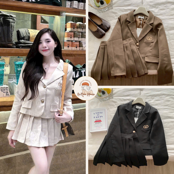 Set Vest Nữ Và Chân Váy Xếp Ly Anna House Khoác Blazer Nắp Túi Giả áo khoác ngoài blazer nữ kẻ 2 lớp