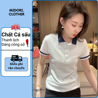 Áo Polo Basic Nữ Trắng Phối Cổ Xanh Navy, Áo Polo Thun Ôm Body Cá Sấu Thanh Lịch Công Sở QA43
