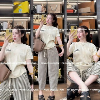  set đồ nữ quần dài,set đồ nữ sang chảnh,bộ bad áo ngắn tay quần đũi kẻ suông 2 màu hot trend VD31 