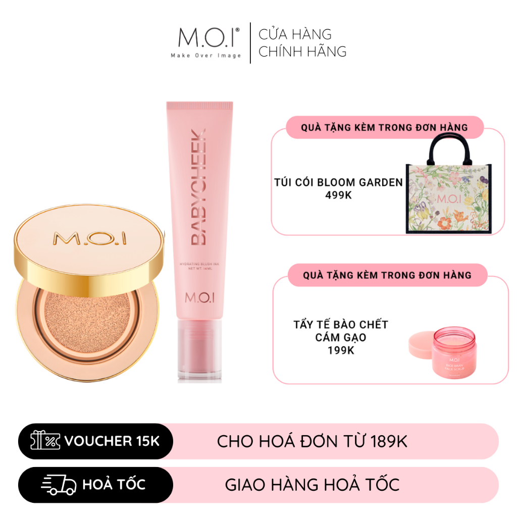 (TẶNG KÈM QUÀ) Combo phấn nước M.O.I Premium Baby Skin Cushion 12g và má hồng sữa M.O.I Baby Cheek 1
