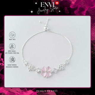  Lắc tay bạc nữ ENVI vòng tay bạc cỏ bốn lá đính đá hồng xinh xắn dây rút bạc cao cấp ENVI L8001P 