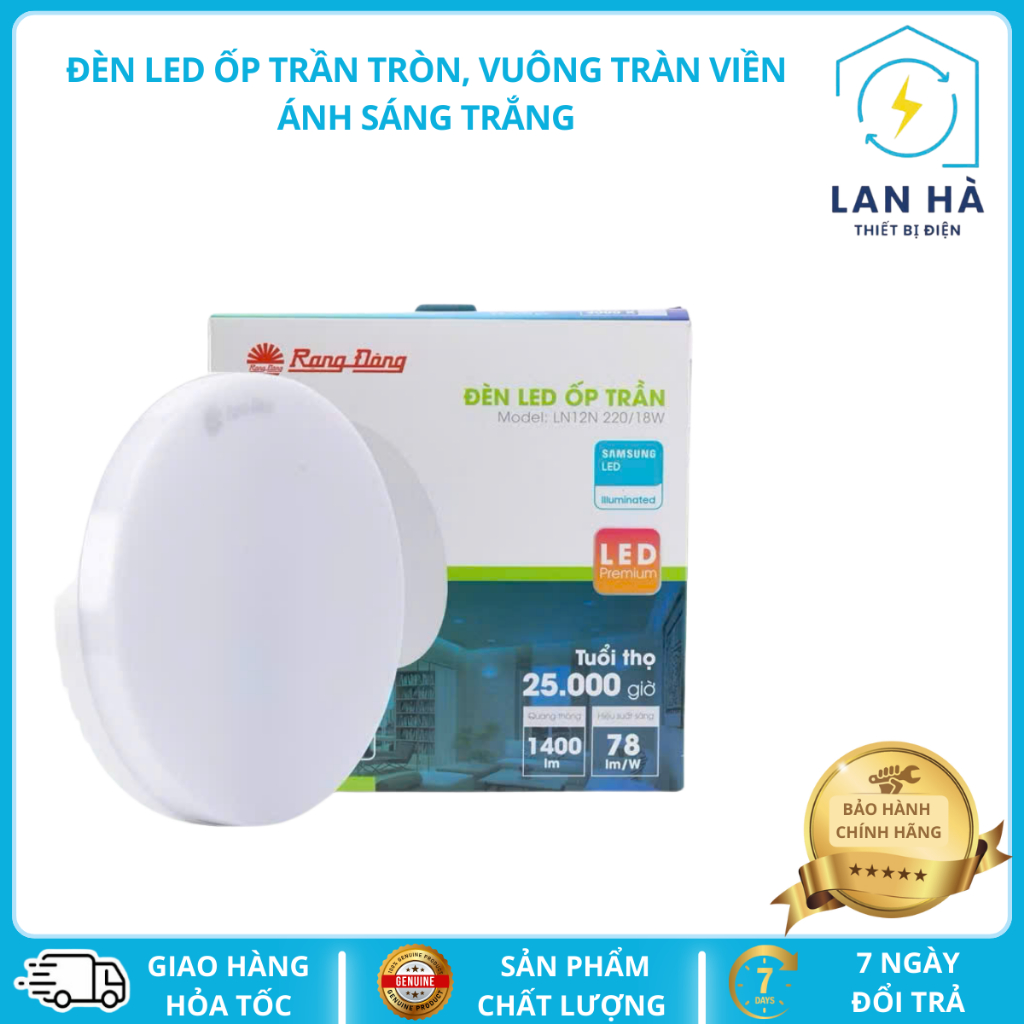 Đèn LED ốp trần tròn, vuông tràn viền LN12N 18W, 24W ánh sáng trắng RẠNG ĐÔNG