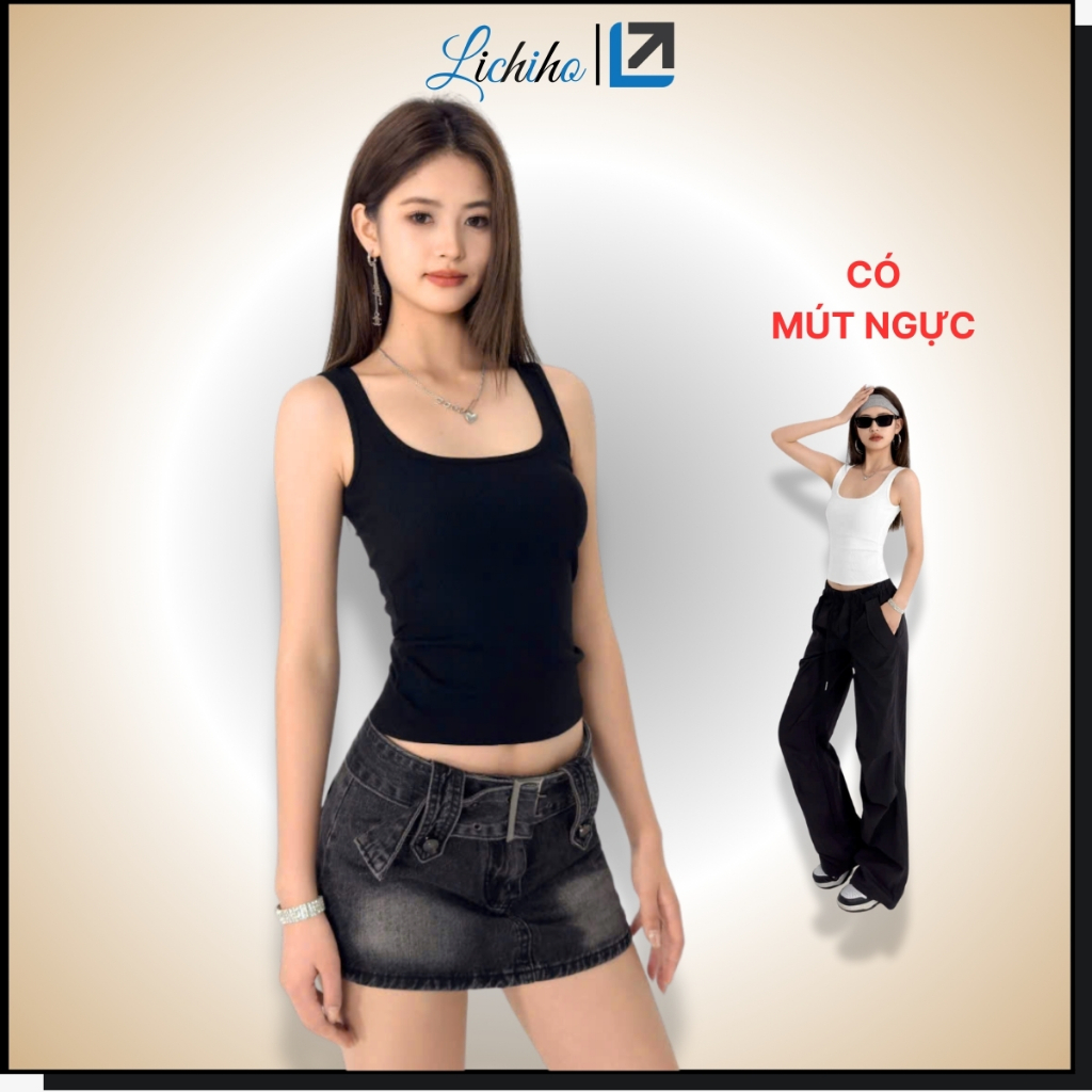 Áo Thun 3 Lỗ Nữ Cổ Vuông Ôm Body Dáng Dài Có Mút Ngực Áo Hai Dây Bảng To Chất Cotton Lichiho