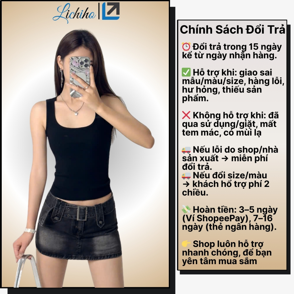 Áo Thun 3 Lỗ Nữ Cổ Vuông Ôm Body Dáng Dài Có Mút Ngực Áo Hai Dây Bảng To Chất Cotton Lichiho | BigBuy360 - bigbuy360.vn