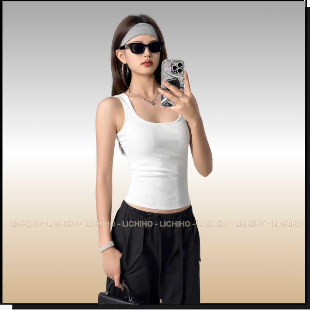 Áo Thun 3 Lỗ Nữ Cổ Vuông Ôm Body Dáng Dài Có Mút Ngực Áo Hai Dây Bảng To Chất Cotton Lichiho | BigBuy360 - bigbuy360.vn