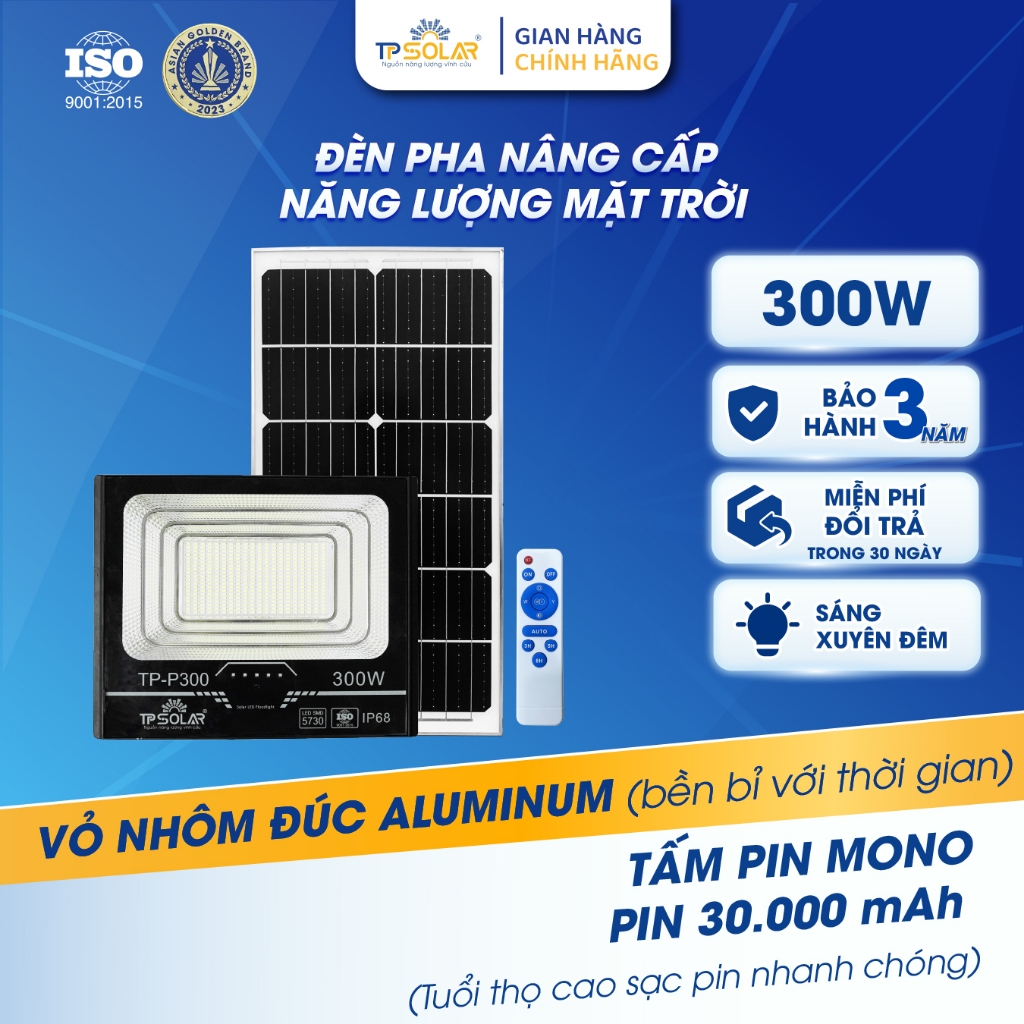 [LIVE KOL] Đèn Pha Năng Lượng Mặt Trời TP SOLAR Công Suất 300W Chiếu Sáng 150m2 Vỏ Nhôm Đúc, Sáng Xu