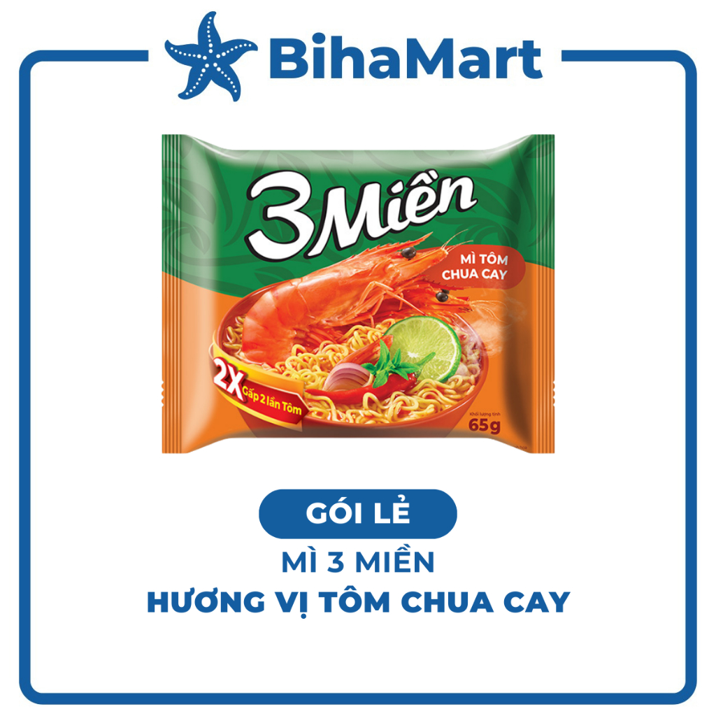 [GÓI LẺ] - UNIBEN - Mì 3 Miền hương vị Tôm Chua Cay (65g/gói) - Mì gói 3 Miền hương vị Tôm Chua Cay,