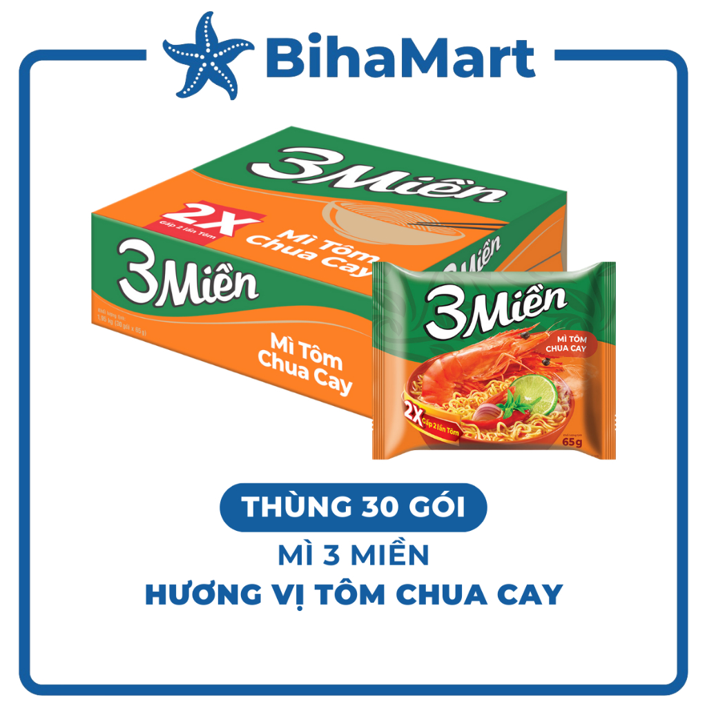 [THÙNG 30 GÓI] - UNIBEN - Mì 3 Miền hương vị Tôm Chua Cay (65g/gói) - Mì gói 3 Miền hương vị Tôm Chu