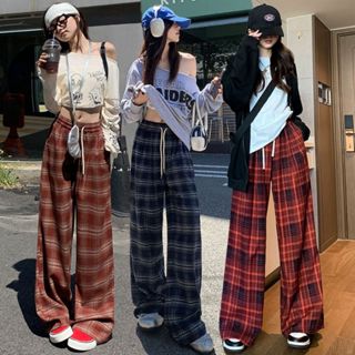 Quần kẻ sọc MIAA ống suông Rộng Nữ kẻ Caro CẠP CHUN DỄ ĐIỀU CHỈNH EO Vải Dầy Dặn bigsize