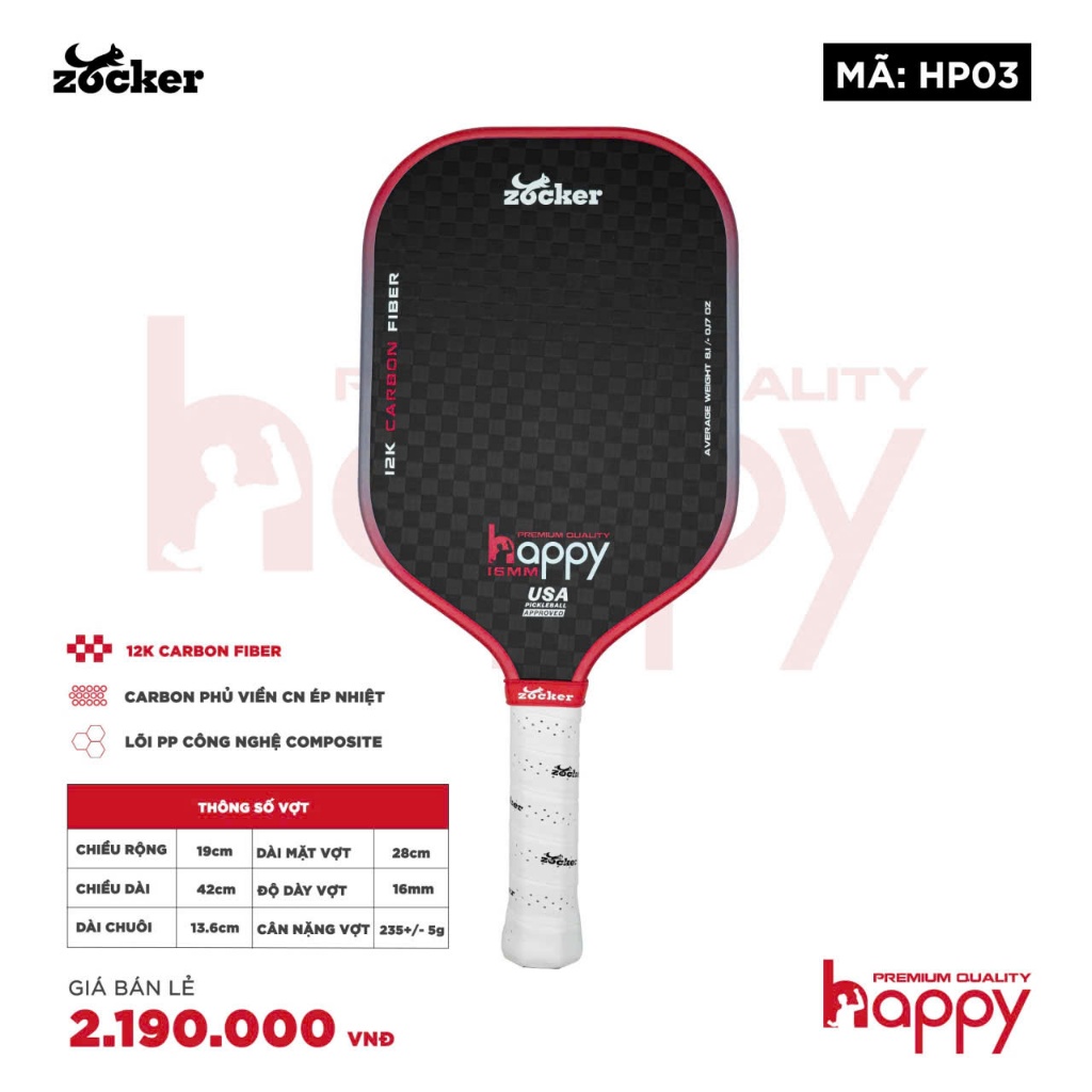 Vợt Pickleball Zocker Happy HP03 Premium Carbon 12K siêu nhám chuẩn USAPA thi đấu giải chuyên nghiệp