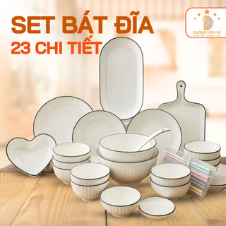  Bộ bát đĩa sứ cao cấp màu trắng viền đen sang trọng nhiều chi tiết set đồ bàn ăn gia đình hiện đại 