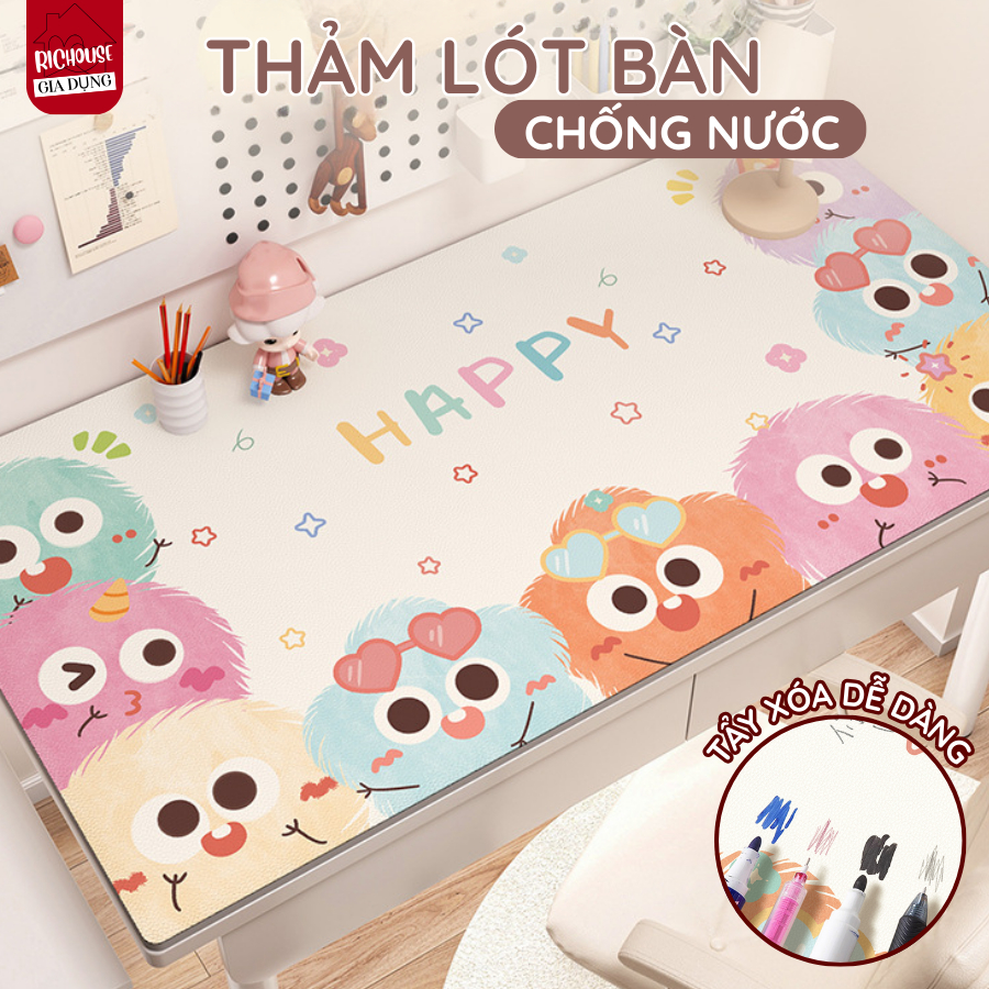 Tấm Lót Bàn Chống Thấm Nước, Khăn Trải Bàn Da PU Họa Tiết Dễ Thương Cho Bàn Học, Bàn Ăn, Bàn Trà