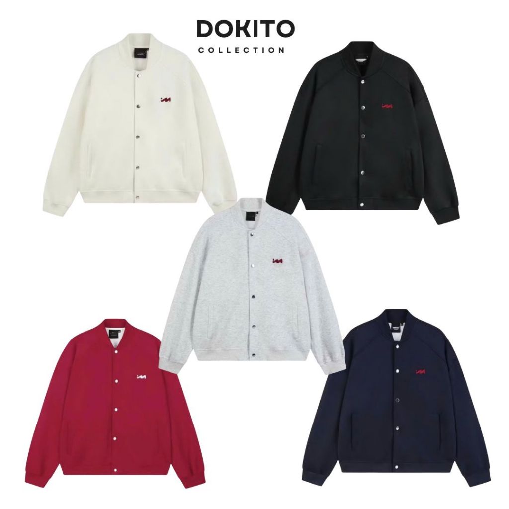 Áo khoác bomber cúc bấm chất liệu nỉ 2 da DOKITO, Áo khoác nỉ logo thêu chữ M dày dặn (from boxy)