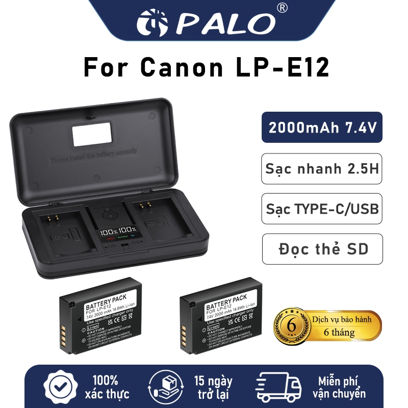 PALO Pin Canon LP-E12 Bộ 2 Pin + Sạc Đôi cho Máy ảnh Canon EOS 100D M10 M100 M50 M M2 kiss X7 SX70