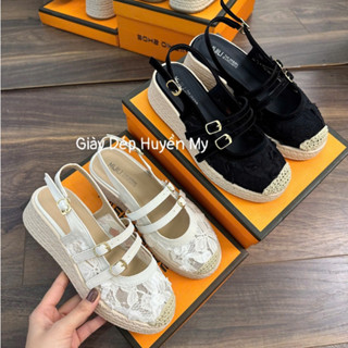 Giày sandal đế xuồng cói ren hoa quai hậu hàng cao cấp full hộp  ( LT42 )