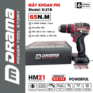 Máy Khoan Pin DRAMA D-21B, Không chổi than 65Nm, 3 Chức năng 13mm, 23 Cấp trượt 2 Tốc độ