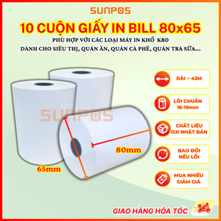   10 CUỘN  Giấy in bill nhiệt K80 80X65  giấy in nhiệt giá rẻ cho quán ăn trà sữa siêu thị,..  