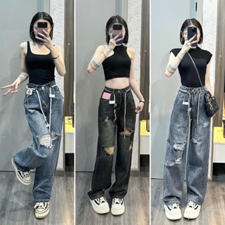 Quần jean rách gối ELWYN quần jean nữ ống suông cạp cao màu xanh, đen ánh rêu size S M L SPG5