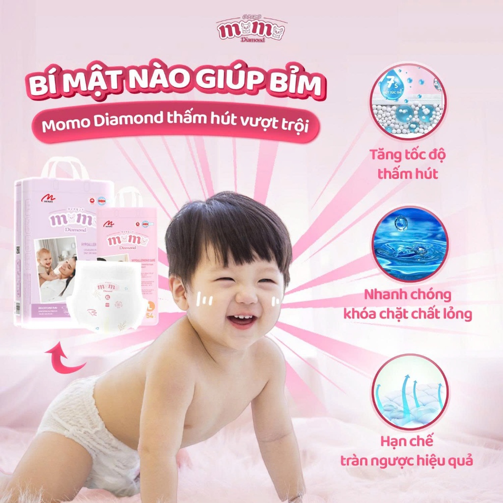 (Combo 2 bịch tặng khăn ướt) Tã Bỉm MOMO DIAMOND Đủ Size Dán Quần Cho Bé, Bỉm Chính Hãng Chống Hăm H