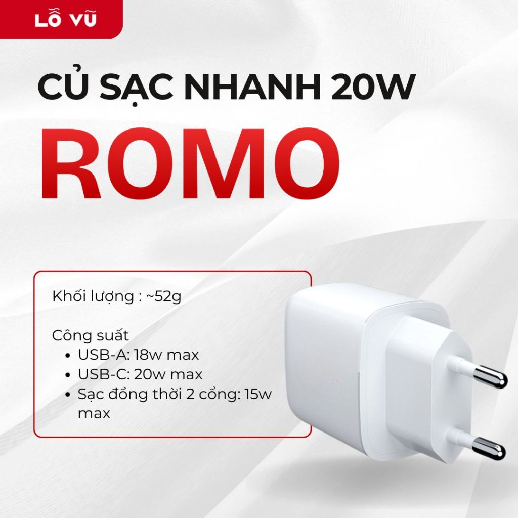 Củ sạc nhanh ROMO 2 cổng USB + Type C, Sạc nhanh max 20W - Phụ kiện điện thoại, levu01, lỗ vũ, vuabanlo | BigBuy360 - bigbuy360.vn