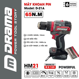 Máy khoan pin DRAMA D-21A, 3 Chức Năng 10mm, Không Chổi Than 65Nm, Có KHOÁ TRỤC