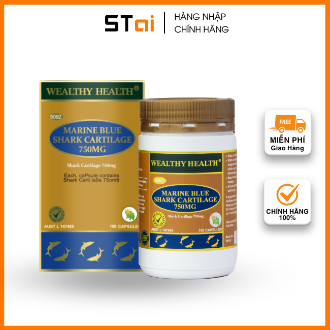 Viên uống hỗ trợ xương khớp Marine Blue Shark Cartilage Wealthy Health 750mg (Hộp 100 viên) - Chính 