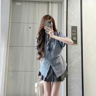 Áo Sơ Mi Nữ Tay Ngắn Bồng Cổ Đức Buộc Dây Eo Dáng Lửng Chất Mềm Mát, Sơ Mi Nữ Cổ Trụ Kẻ Hè Kiểu Hàn Quốc 2025