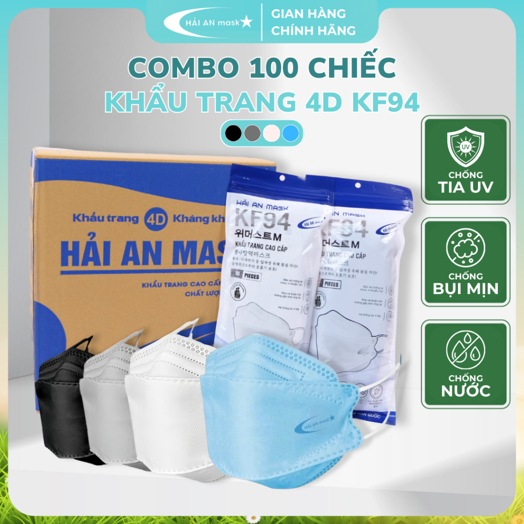[Thùng 300-200 Chiếc KF94] Khẩu Trang KF94 4D Hải An Mask, 4 Lớp Kháng Khuẩn, Chống Bụi Mịn, Chống Tia UV, Form Hàn Quốc