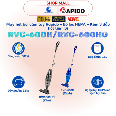 [HỎA TỐC] Máy hút bụi cầm tay Rapido RVC-600H (Xanh) - RVC-600HG (Xám) - Hàng chính hãng