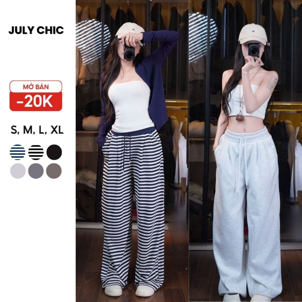 Quần Nỉ 2 Da Ống Rộng Lưng Bản To Dây Rút 6 Màu JULY CHIC Loại 1 Phối Viền V3 Siêu Hack Dáng