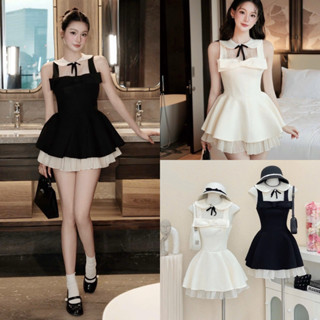 Đầm Váy Sát Nách Cổ Sen Đính Nơ Phối Ren Hoa Tùng Xoè 2 Lớp Phối Tơ Voan Tiểu Thư