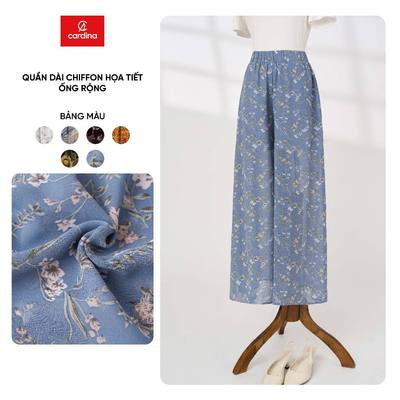 Quần dài nữ CARDINA vải chiffon cạp chun họa tiết ống rộng 5QDR01