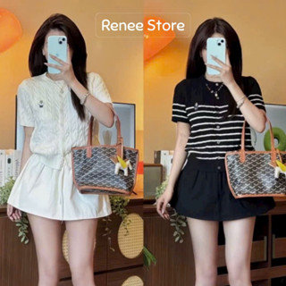 Áo cardigan thêu gấu kẻ sọc họa tiết xoắn thừng, áo len mềm cổ tròn cài cúc Renee Store - AL1732