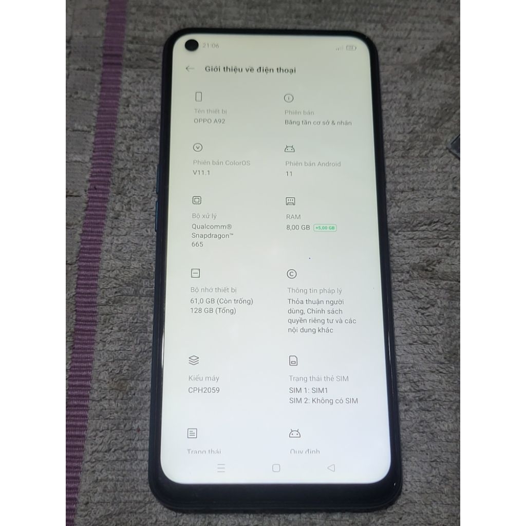 Điện thoại OPPO A92 ram 8G bộ nhớ 128G nguyên cây máy zin, màn hình zin dùng full chức năng