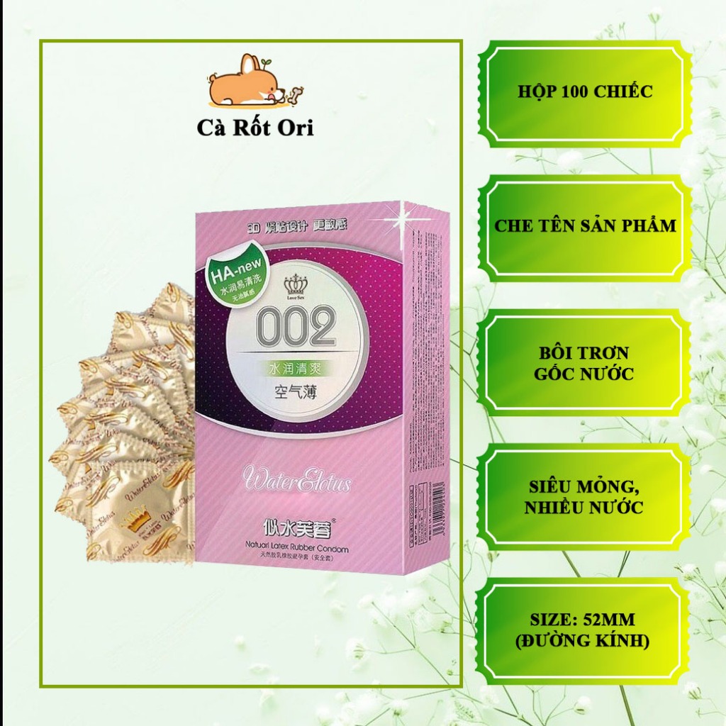 Bao cao su 002_Hộp 100 chiếc_Size 52±2mm (đường kính)_Siêu mỏng_Nhiều nước_Hàng nội địa Trung