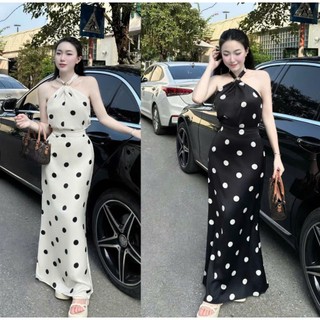  Set váy thiết kế chất lụa satin 2 màu tôn dáng áo cổ yếm phối chân váy dài xẻ sau họa tiết chấm bi tôn dáng - SHOPNGÔ 