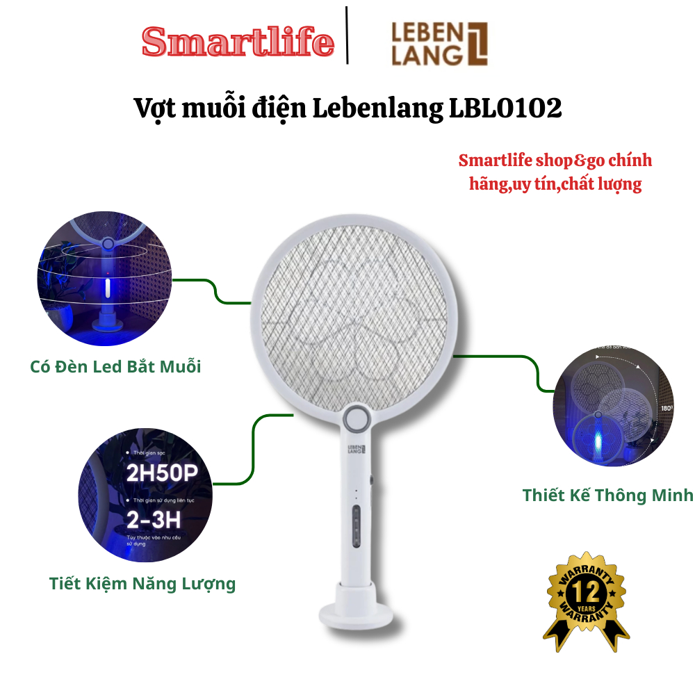 Vợt muỗi Lebenlang LBL0102, vợt muỗi 2 trong 1, 3W, an toàn khi sử dụng,Thời gian sử dụng lên đến 2-